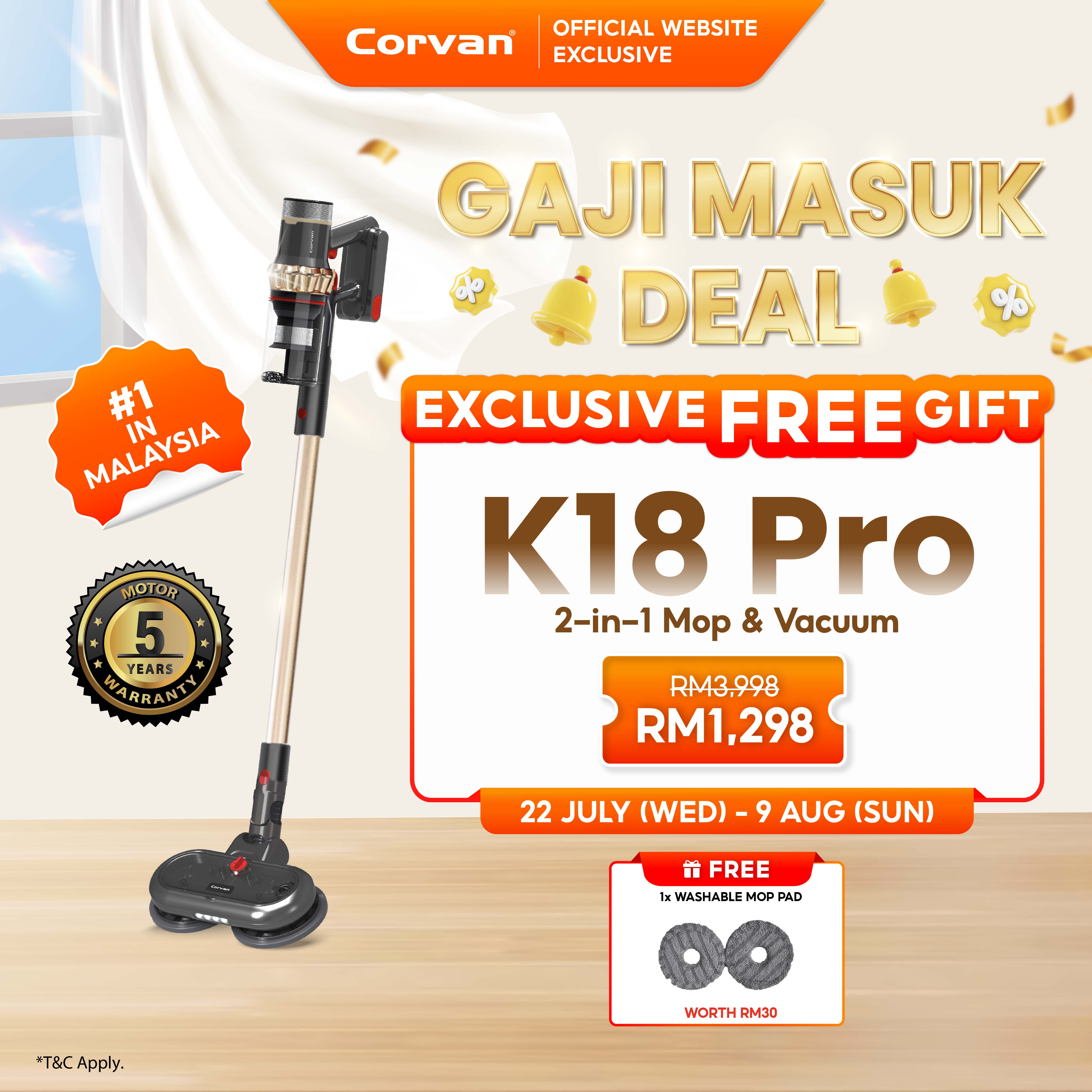 Corvan 2 In 1 Cordless Vacuum Cleaner & Cordless Mop K18 Pro