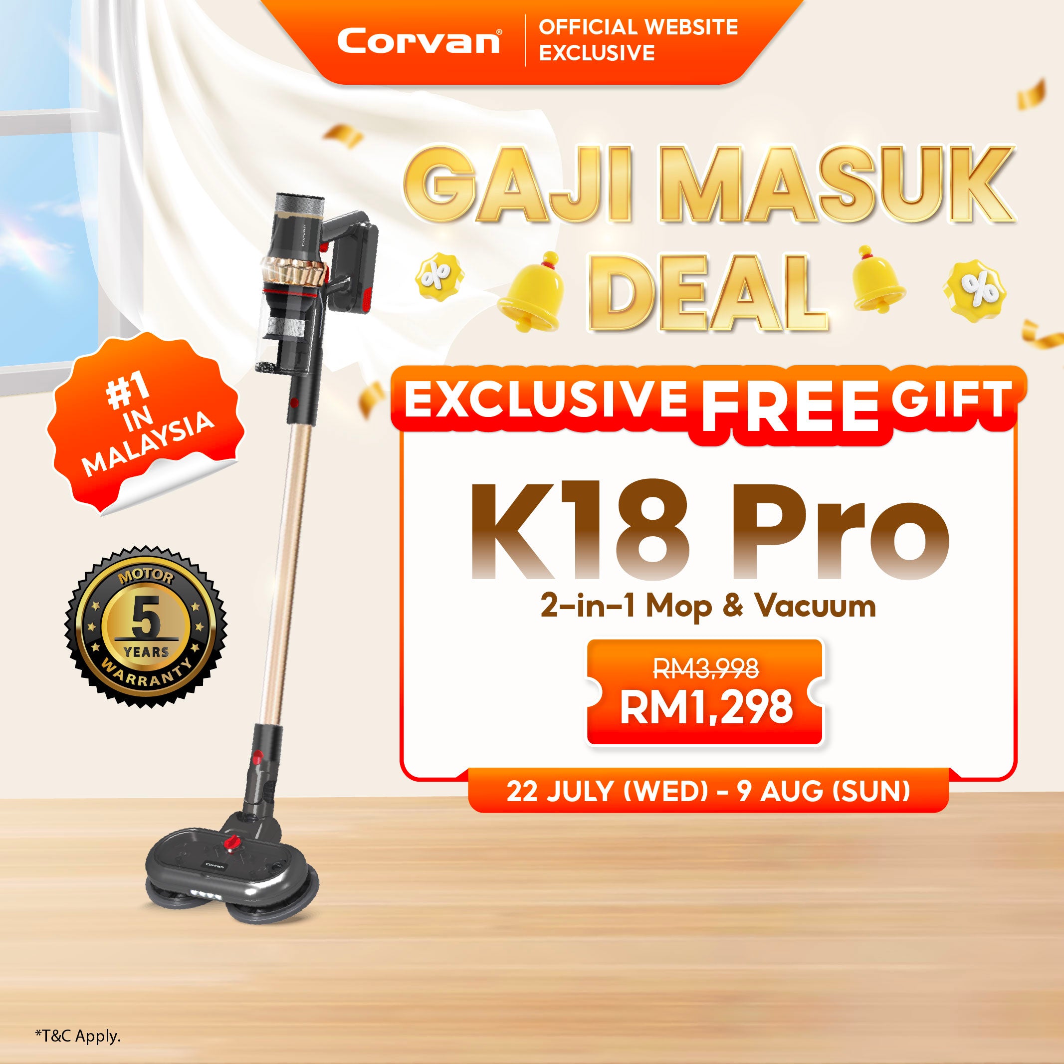Corvan 2 In 1 Cordless Vacuum Cleaner & Cordless Mop K18 Pro