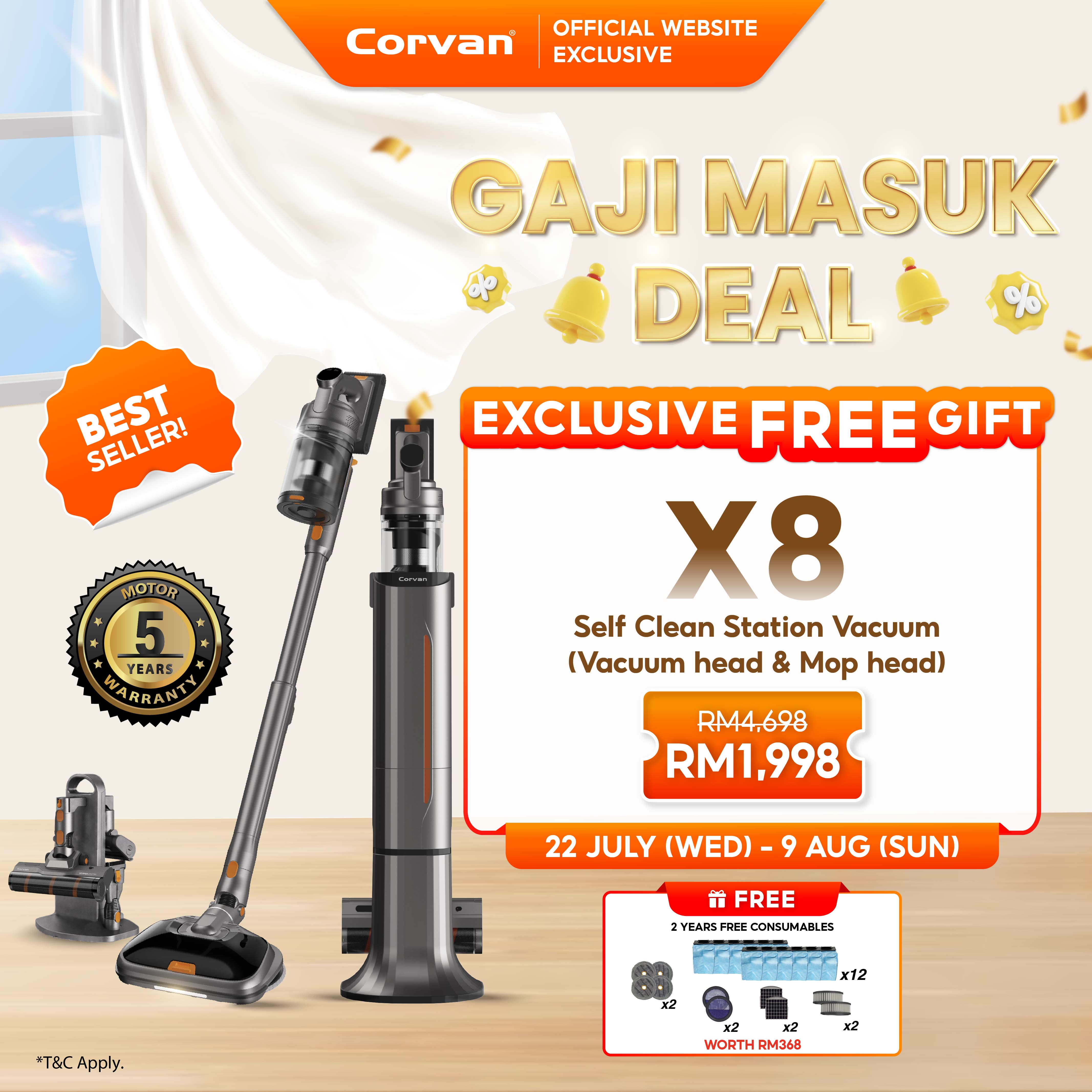 Corvan X8 Self Clean 4-in-1 Mop, Vacuum, Steam and Sterilize | All-In-One Auto Clean Station