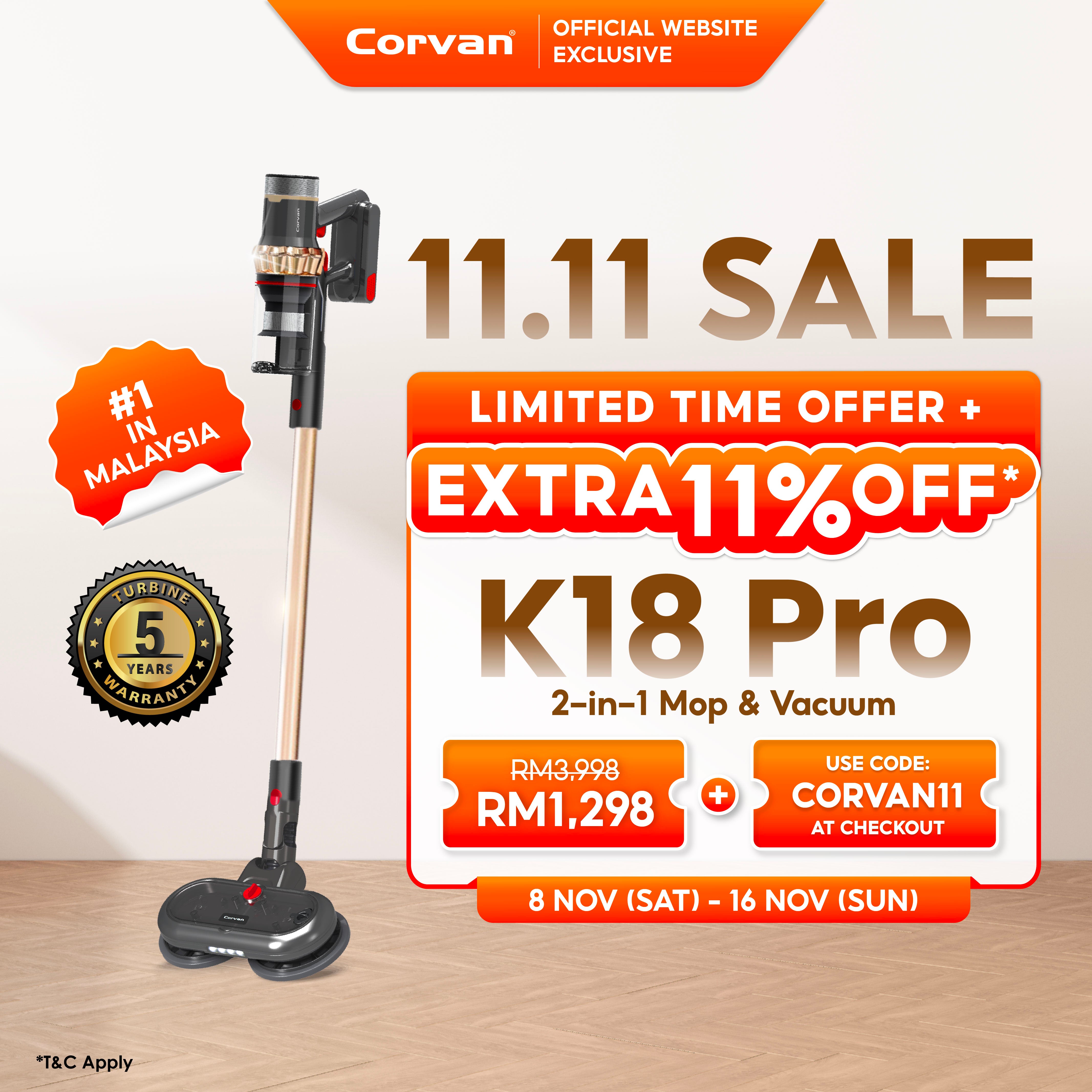 Corvan 2 In 1 Cordless Vacuum Cleaner & Cordless Mop K18 Pro