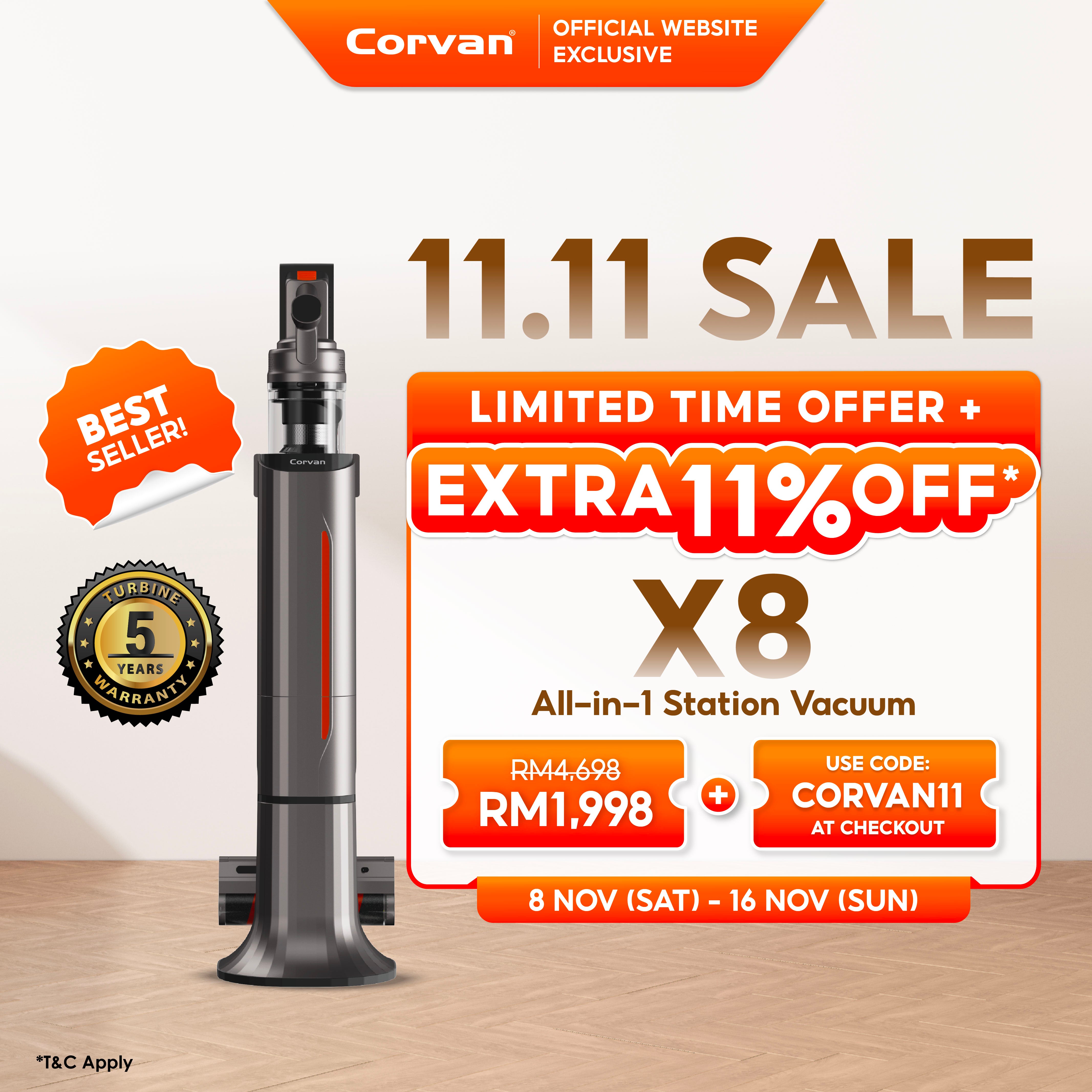 Corvan X8 Self Clean 4-in-1 Mop, Vacuum, Steam and Sterilize | All-In-One Auto Clean Station