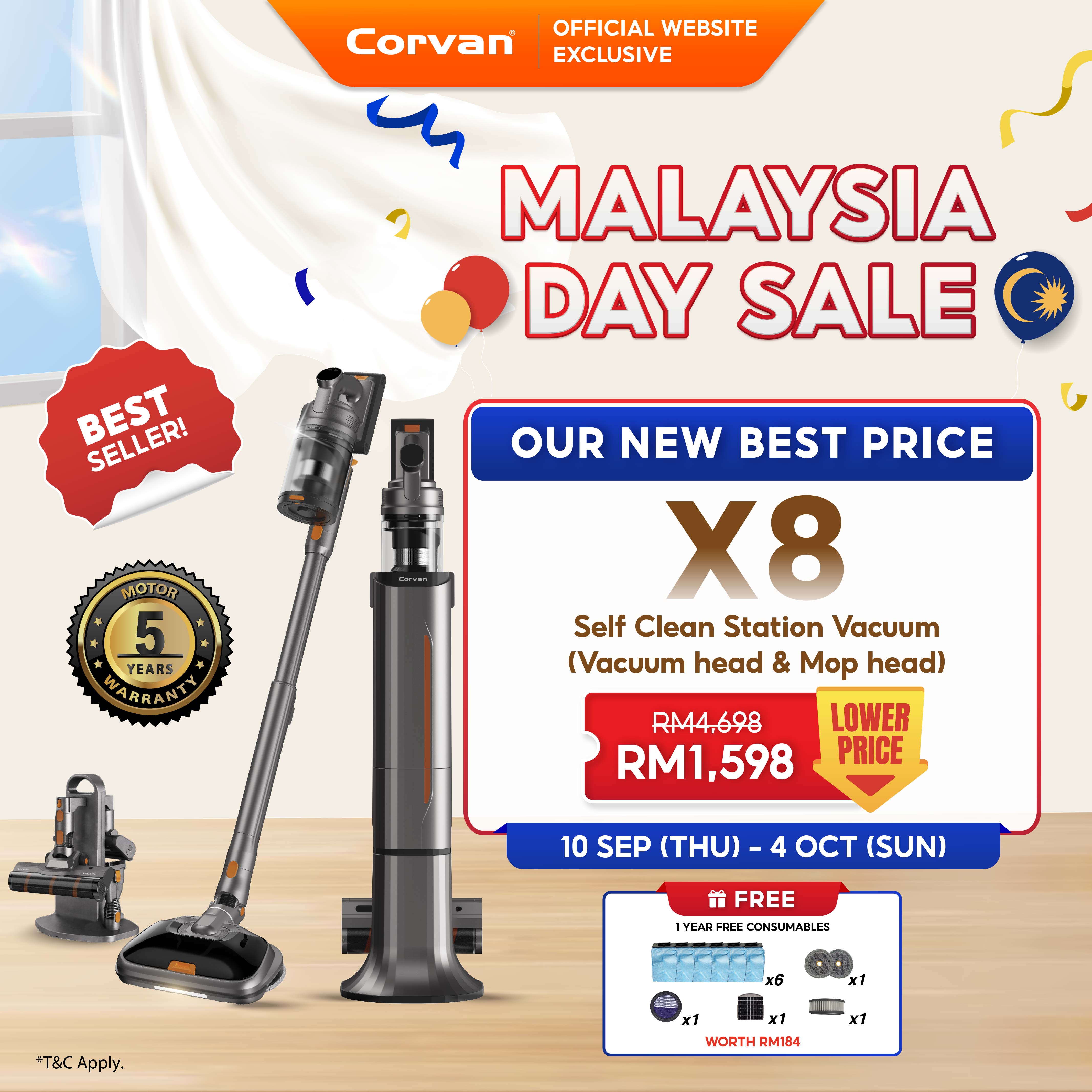 Corvan X8 Self Clean 4-in-1 Mop, Vacuum, Steam and Sterilize | All-In-One Auto Clean Station