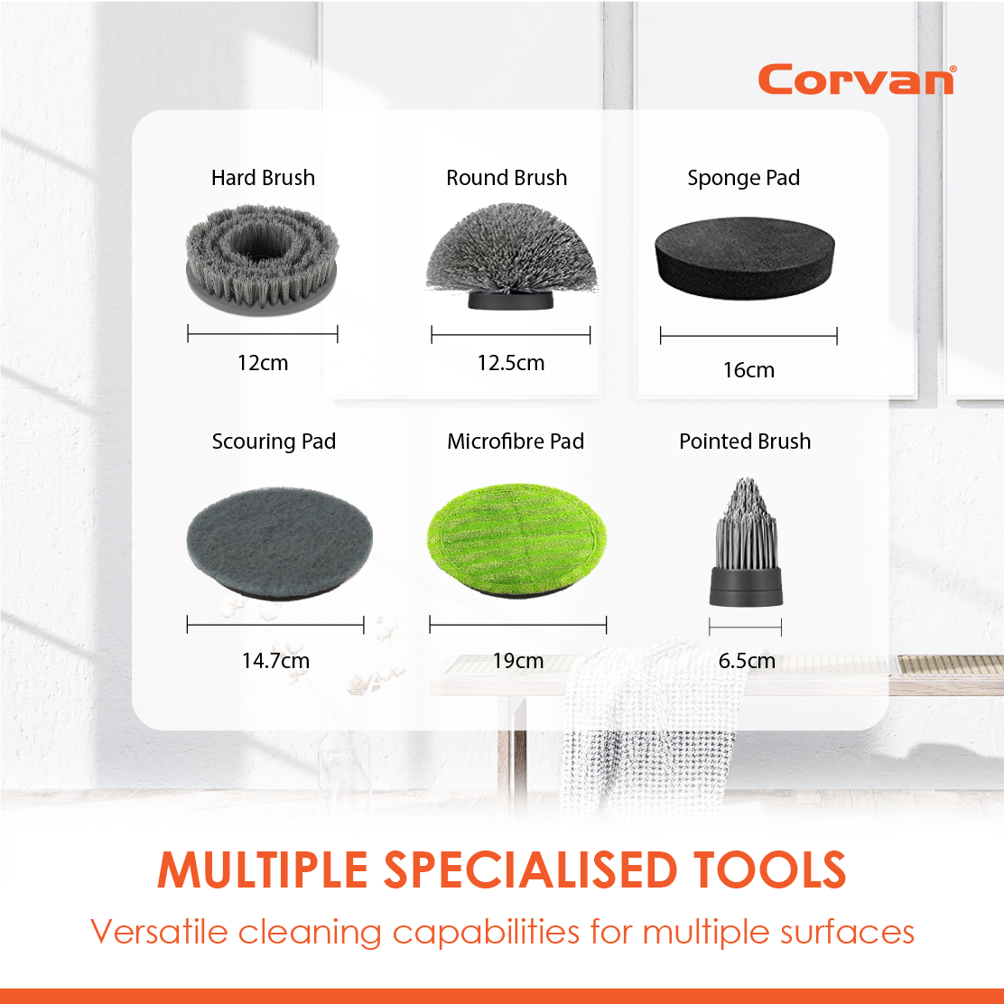 Corvan P8 Pro PowerScrub: Dual-Speed Scrubbing, Multiple Pads & Brushes