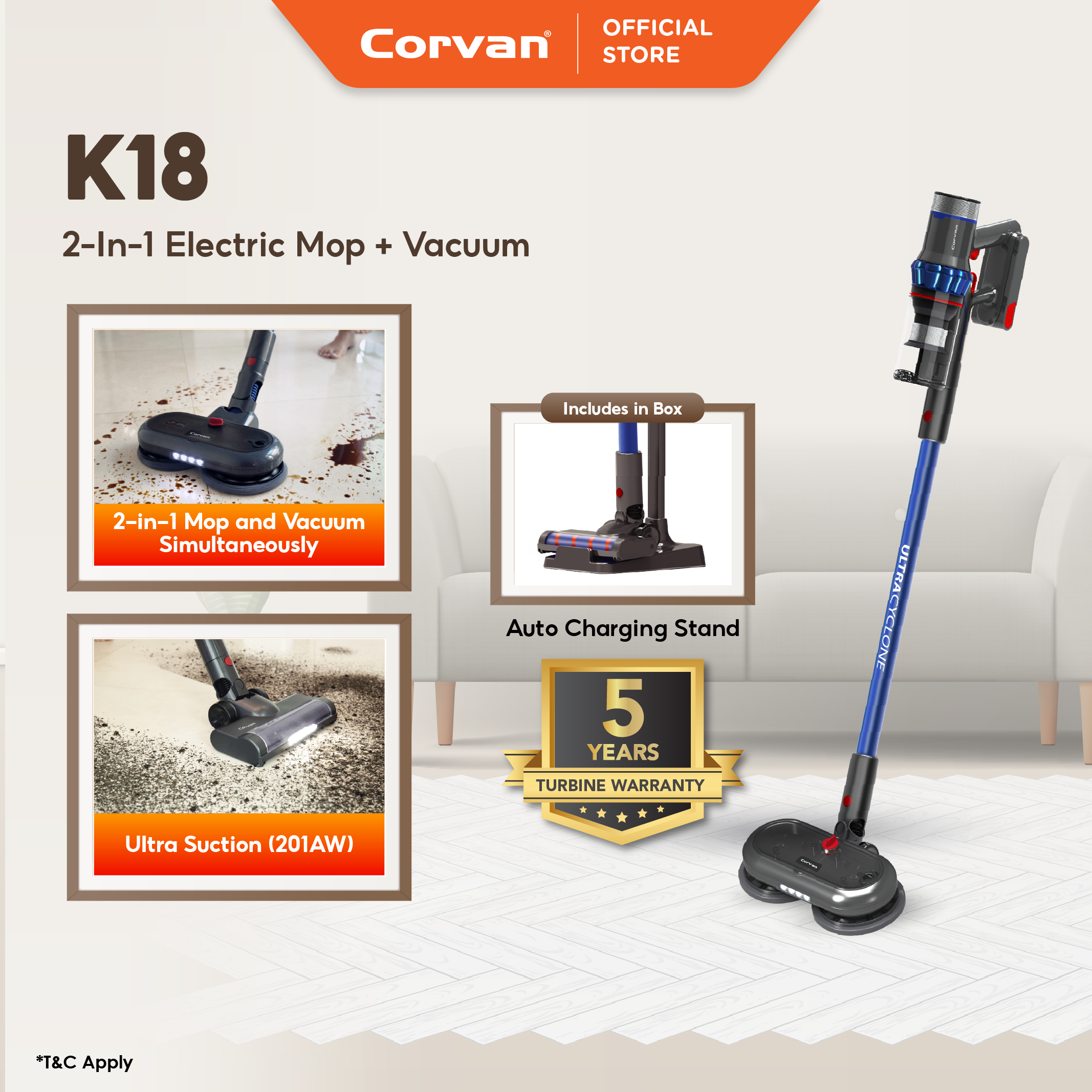Corvan 2 In 1 Cordless Vacuum Cleaner & Cordless Mop K18