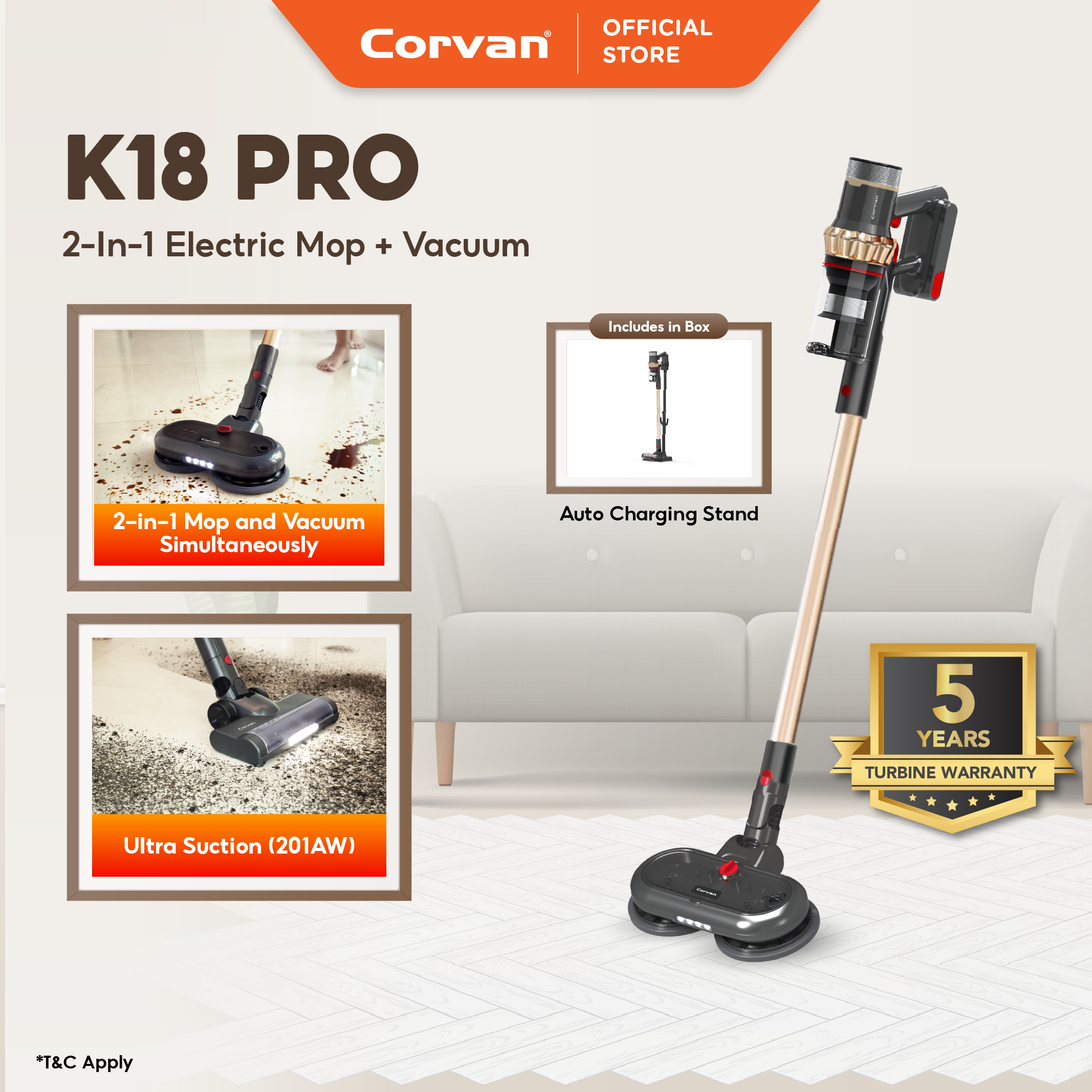 Corvan 2 In 1 Cordless Vacuum Cleaner & Cordless Mop K18 Pro