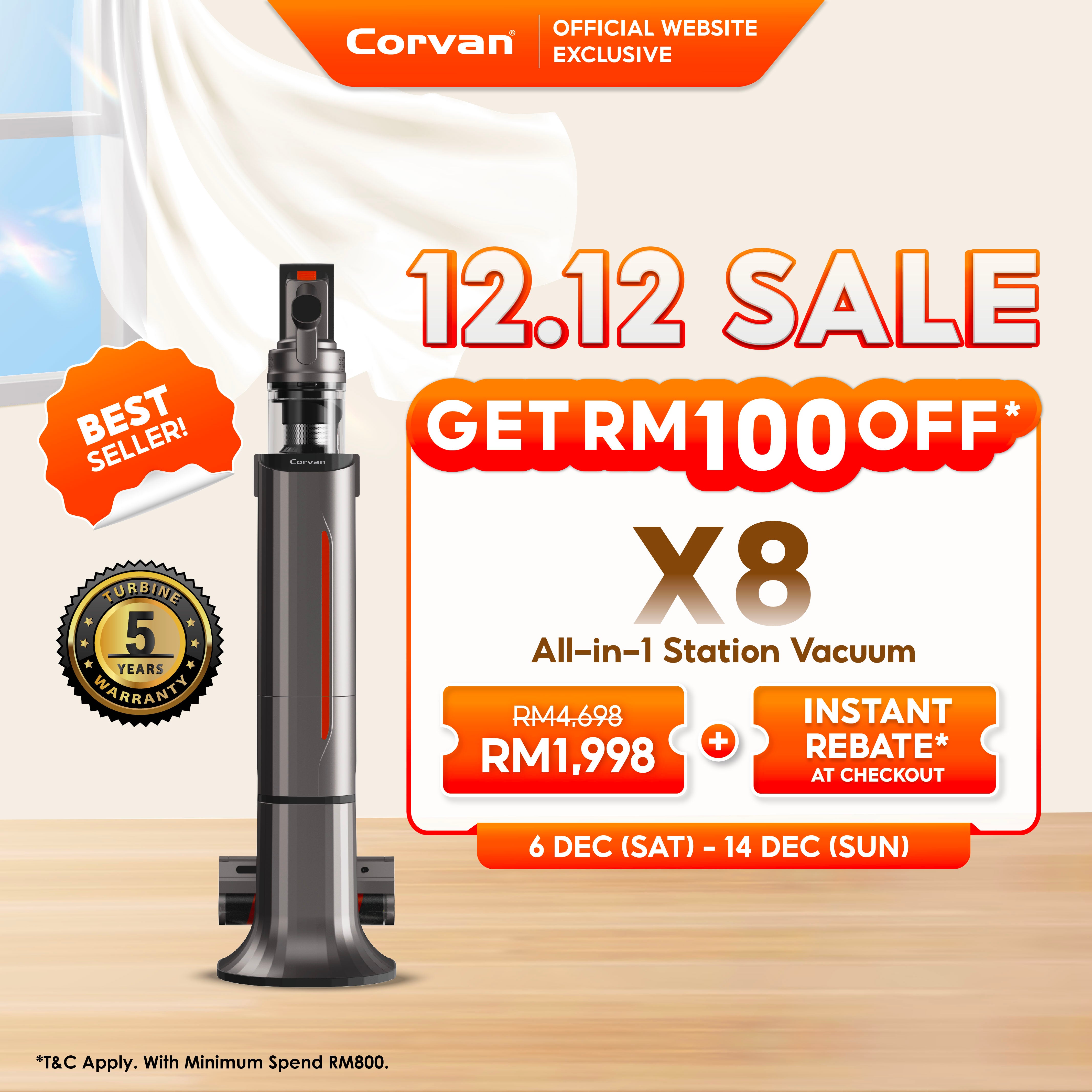 Corvan X8 Self Clean 4-in-1 Mop, Vacuum, Steam and Sterilize | All-In-One Auto Clean Station