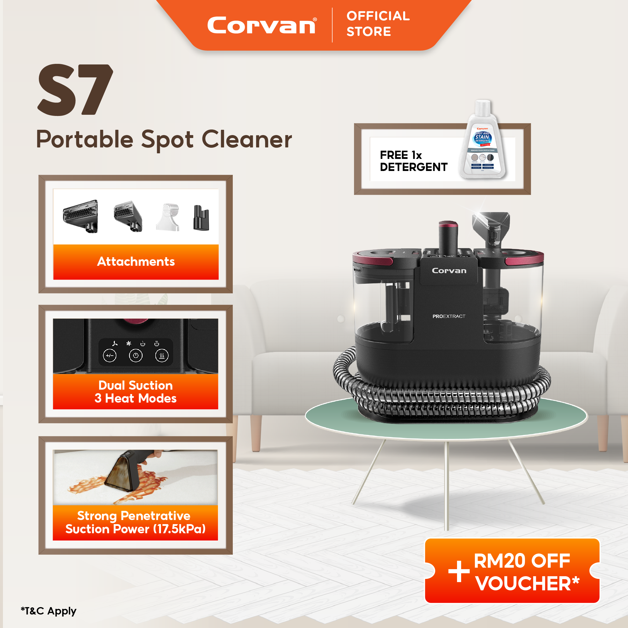 Corvan Spot Cleaner S7 - Carpet & Upholstery Cleaning with ProExtract System