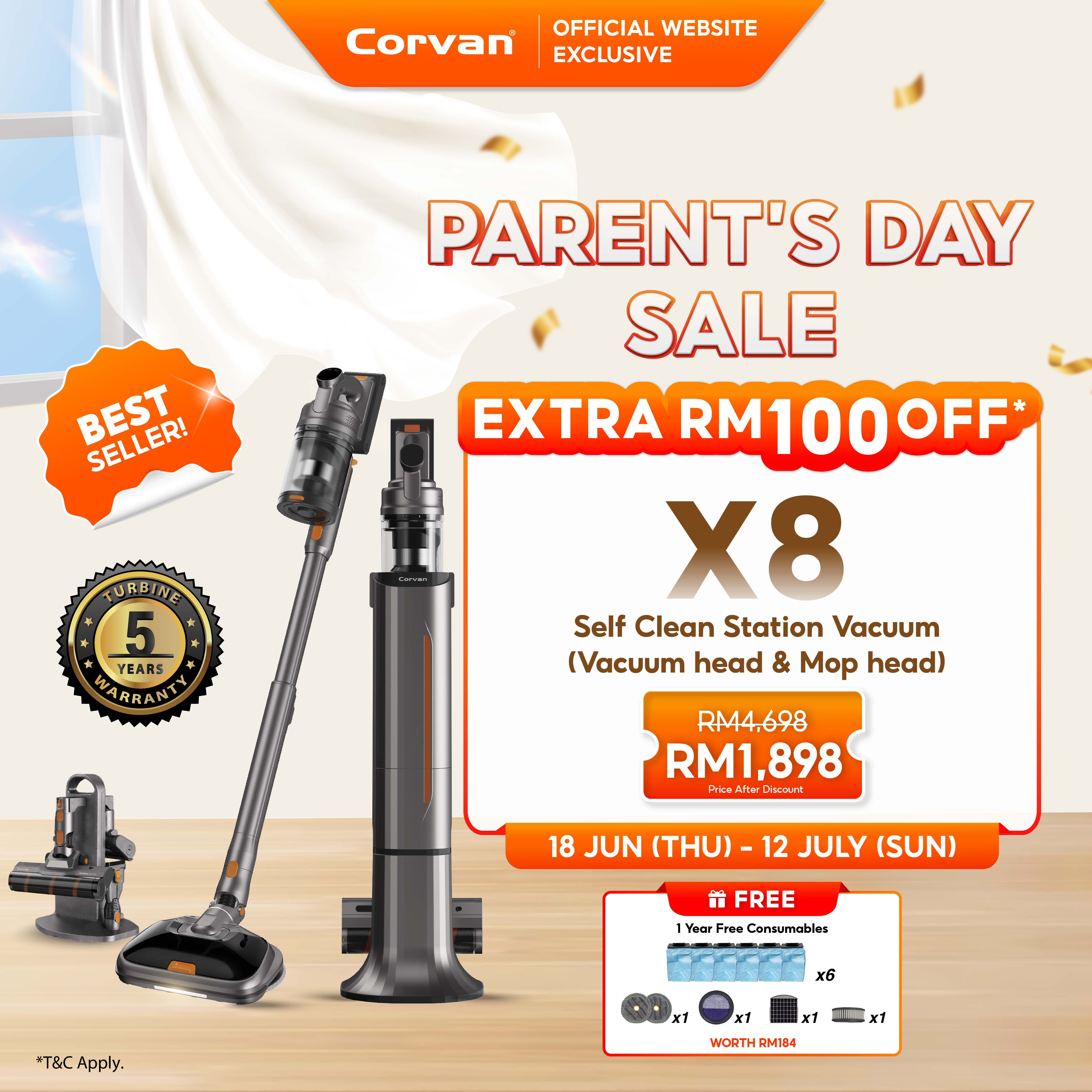 Corvan X8 Self Clean 4-in-1 Mop, Vacuum, Steam and Sterilize | All-In-One Auto Clean Station