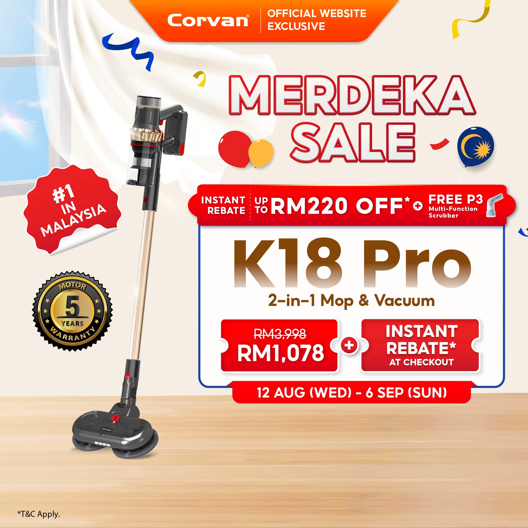 Corvan 2 In 1 Cordless Vacuum Cleaner & Cordless Mop K18 Pro