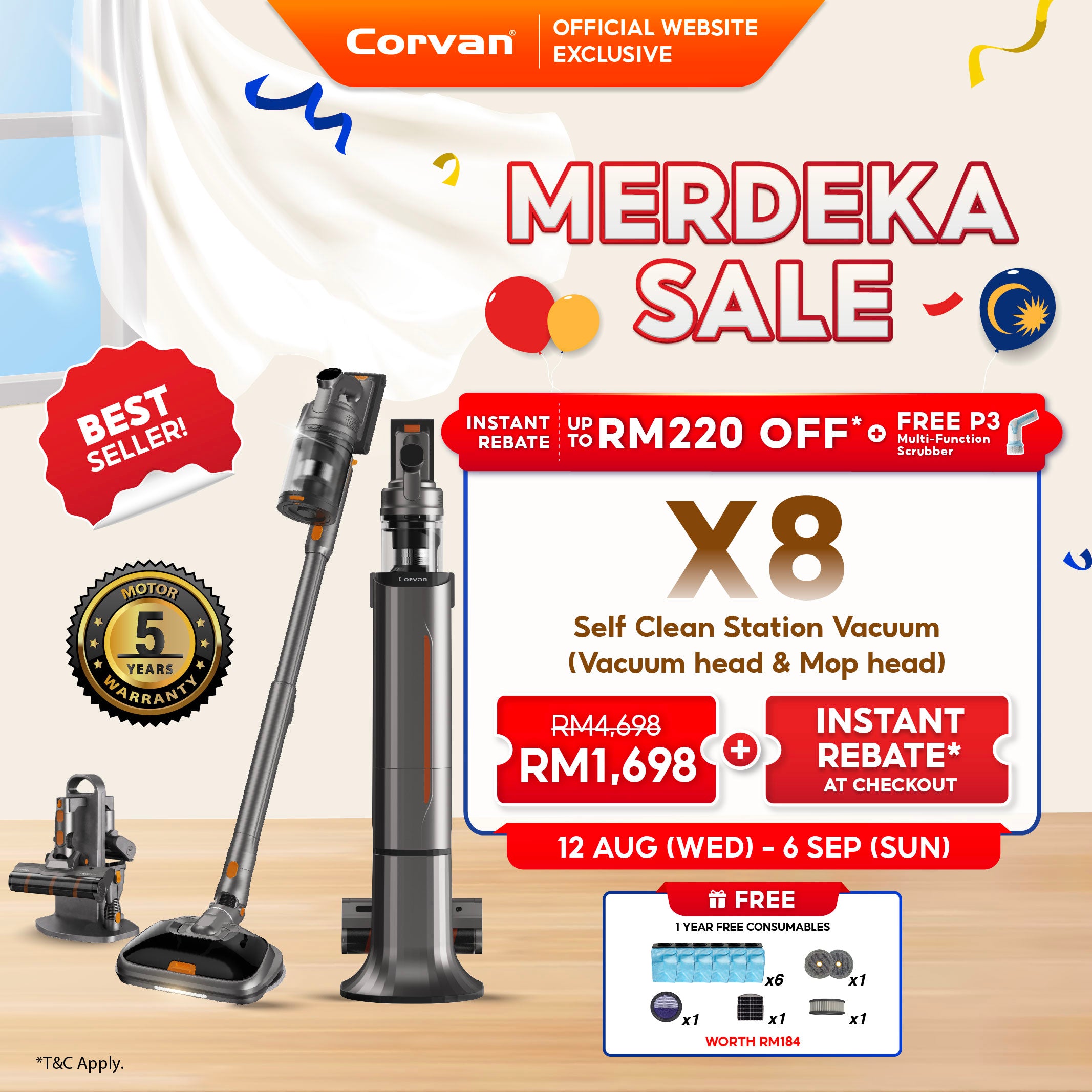 Corvan X8 Self Clean 4-in-1 Mop, Vacuum, Steam and Sterilize | All-In-One Auto Clean Station
