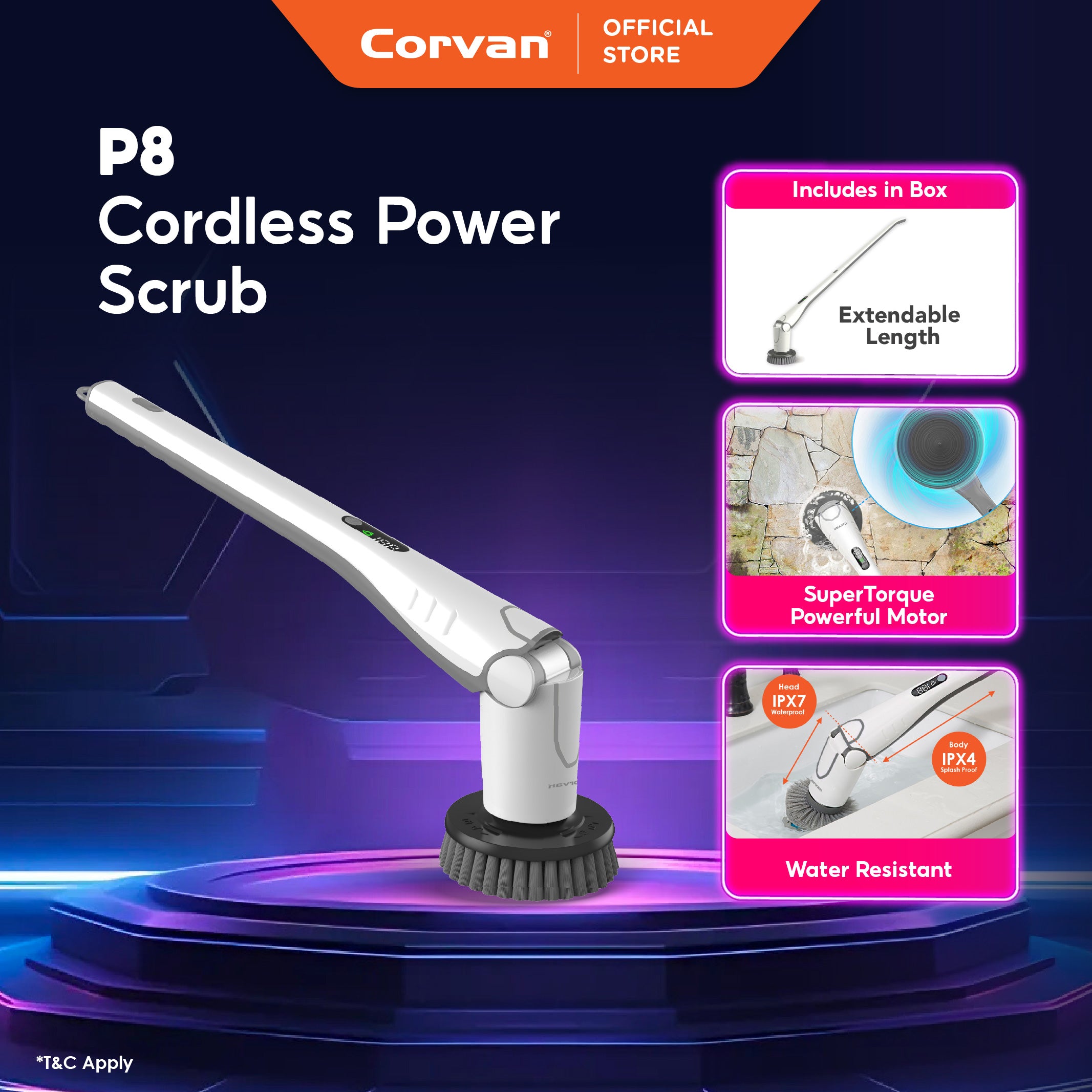 Corvan P8 Pro PowerScrub: Dual-Speed Scrubbing, Multiple Pads & Brushes, 1-Year Warranty
