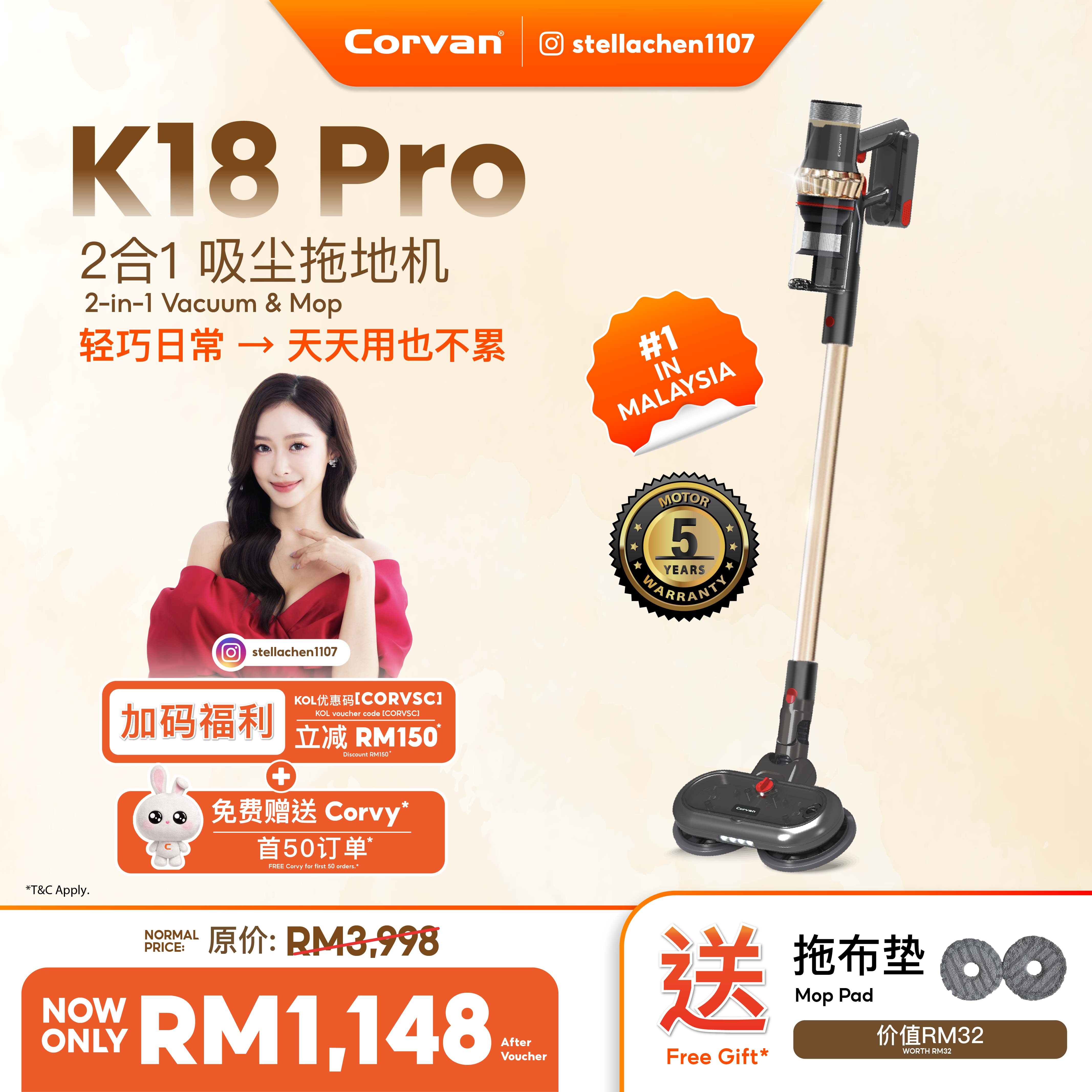 [Stella Chen X Corvan] Corvan 2 In 1 Cordless Vacuum Cleaner & Cordless Mop K18 Pro