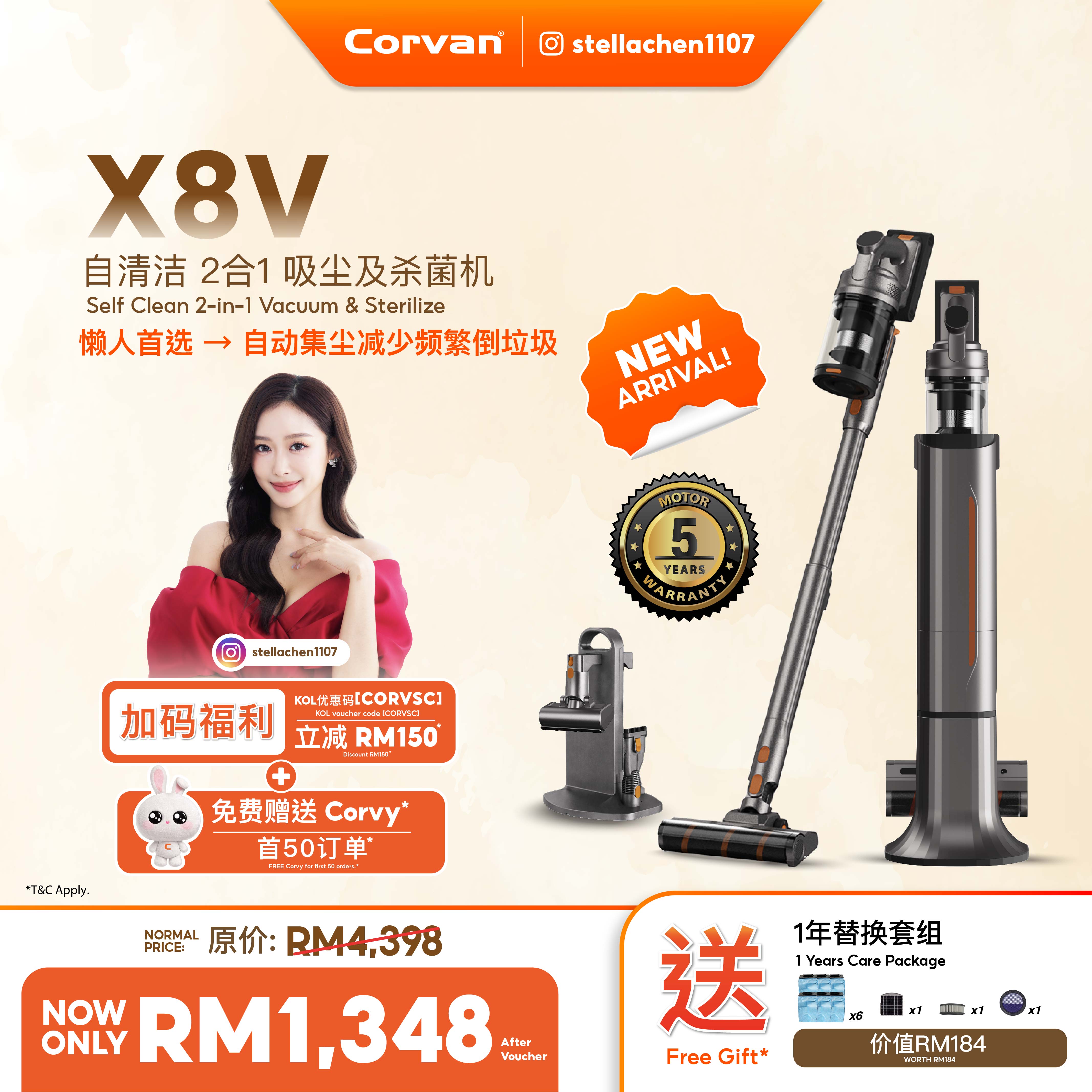 [Stella Chen X Corvan] Corvan X8V Self Clean 2-in-1 Vacuum and Sterilize | Auto Clean Station