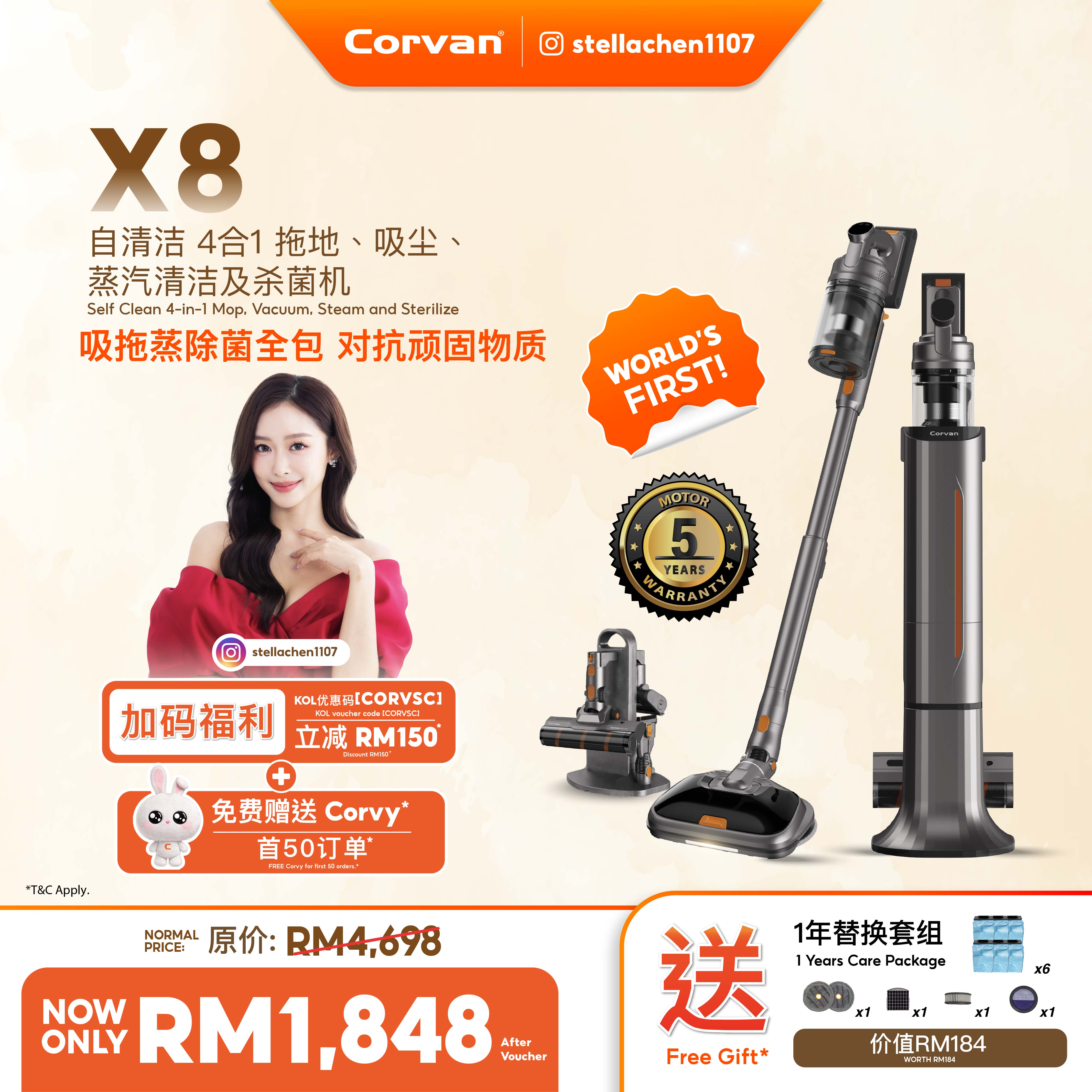 [Stella Chen X Corvan] Corvan X8 Self Clean 4-in-1 Mop, Vacuum, Steam and Sterilize | All-In-One Auto Clean Station (Copy)