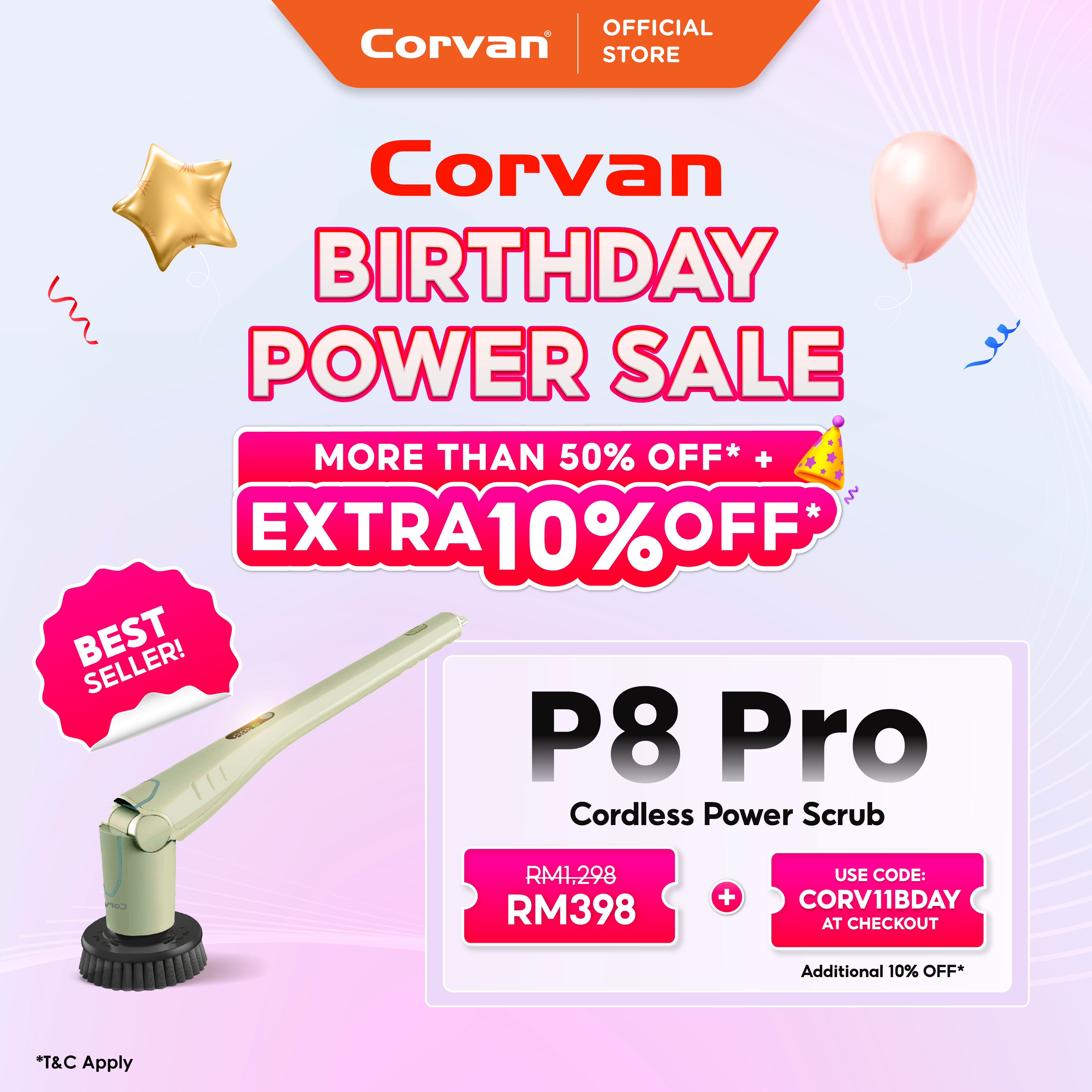 Corvan P8 Pro PowerScrub: Dual-Speed Scrubbing, Multiple Pads & Brushes